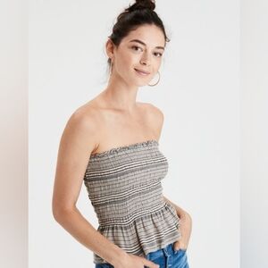 American Eagle Strapless Smocked Tube‎ Top Large Cropped Ruffle Stripes New